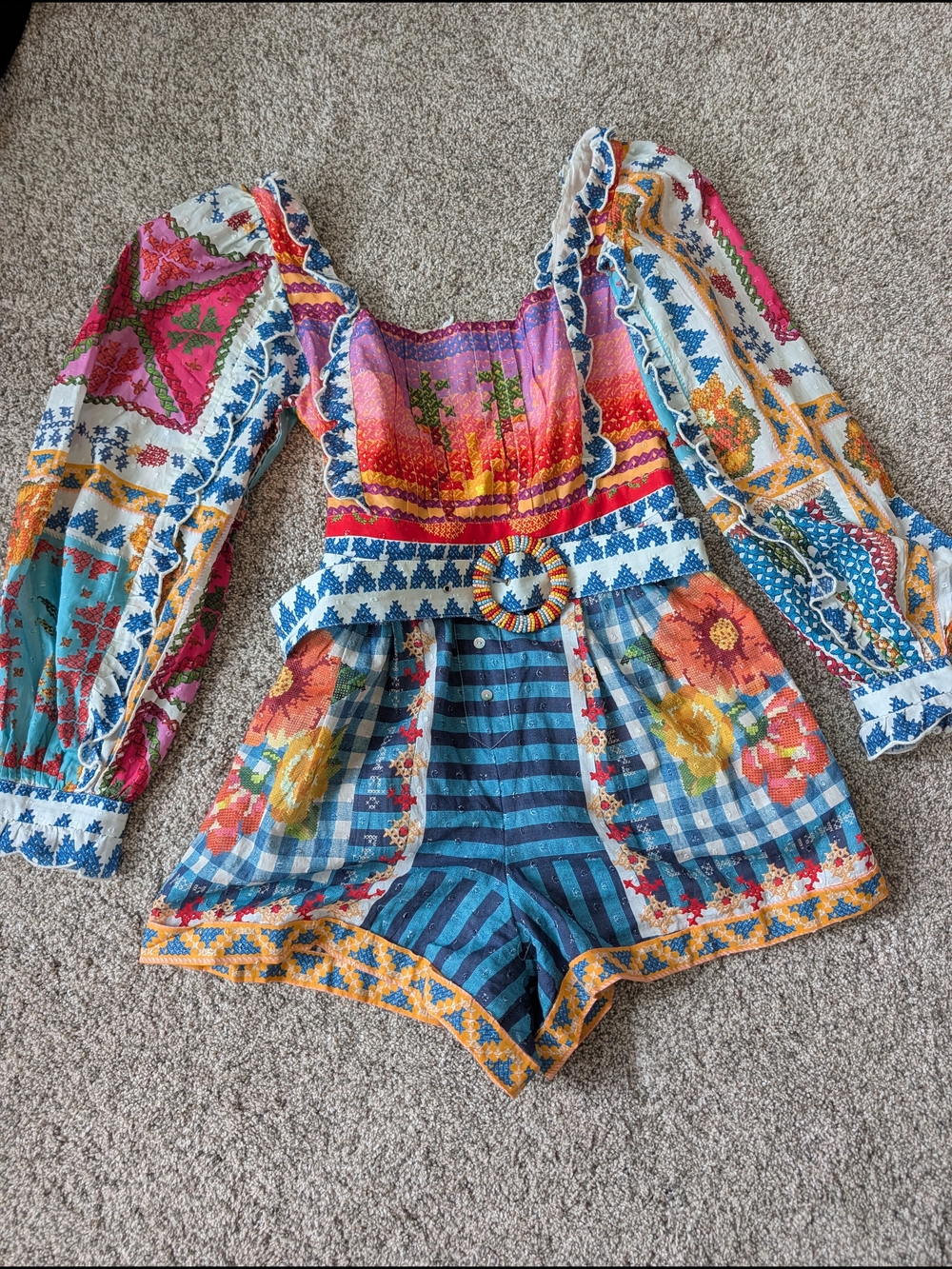 FARM Rio Multicolor Floral Patchwork Long-Sleeve Romper